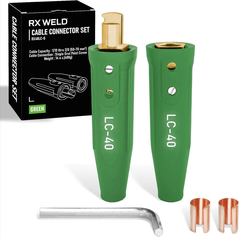 RX WELD LC40 Cable Connector Set, Includes Black Male and Female for Cable Capacity: 1/0 thru 2/0 (50-70mm²)-Green - Image 1